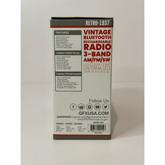 QFX Vintage Bluetooth Rechargeable Radio 3-Band AM/FM/SW LED Flashlight - Picture 2 of 3